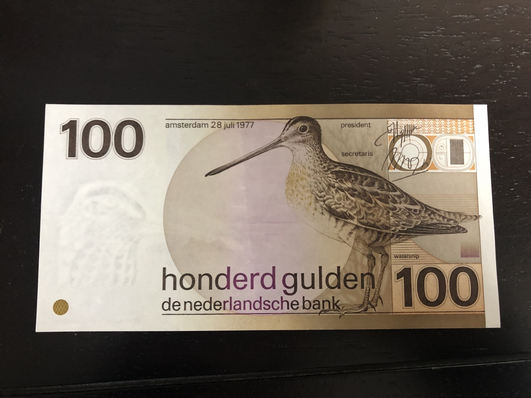 收藏联盟第八十三期拍卖 荷兰1977年水鸟100盾 AU中间软折