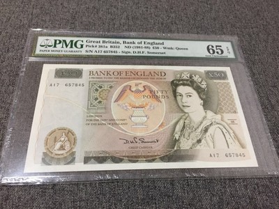 【Blue Auction】世界纸币精拍第三期 - 英国 p381a 初版无金属线 PMG65EPQ 50镑 D.H.F  Somerset签名 正面：英国女王伊丽莎白二世