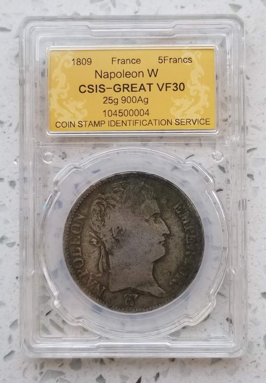【币观天下第六十六期拍卖】 【法国】1809年拿破仑5法郎大银币，信泰评级封装 