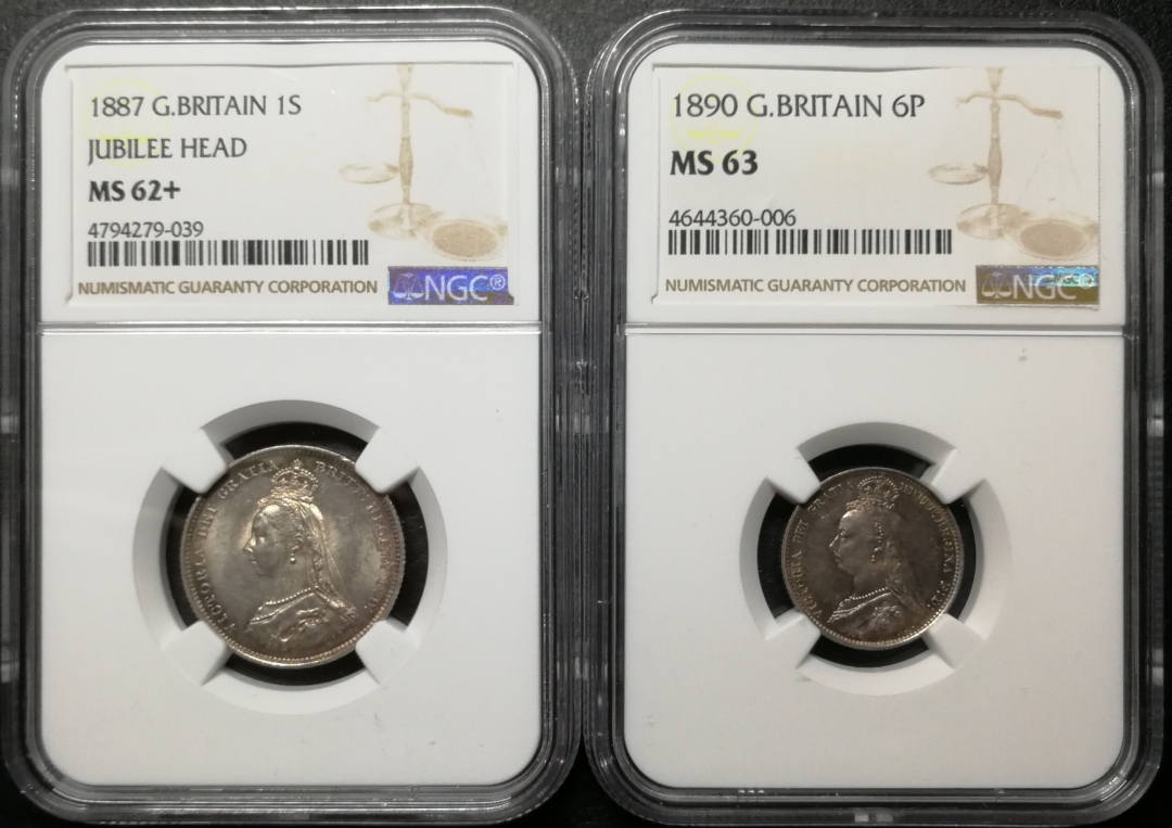 凡希社世界钱币微拍第八十四期 英国老维先令六便士一对NGC-MS62/63