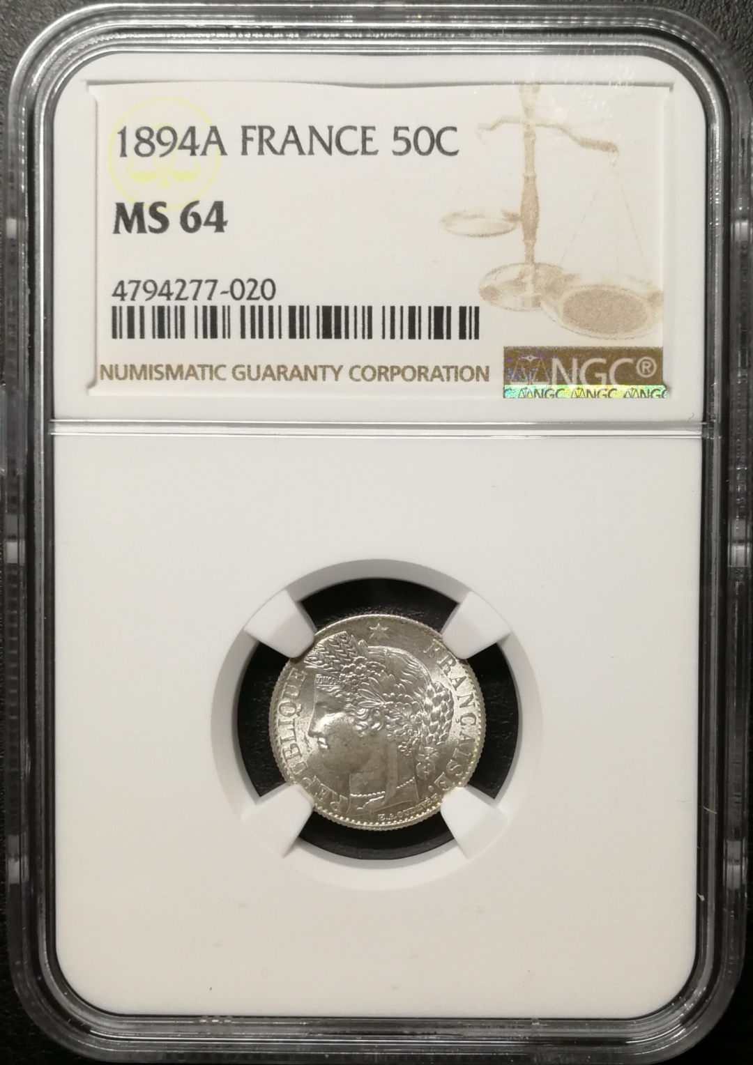 凡希社世界钱币微拍第八十四期 1894法国谷物50分NGC-MS64