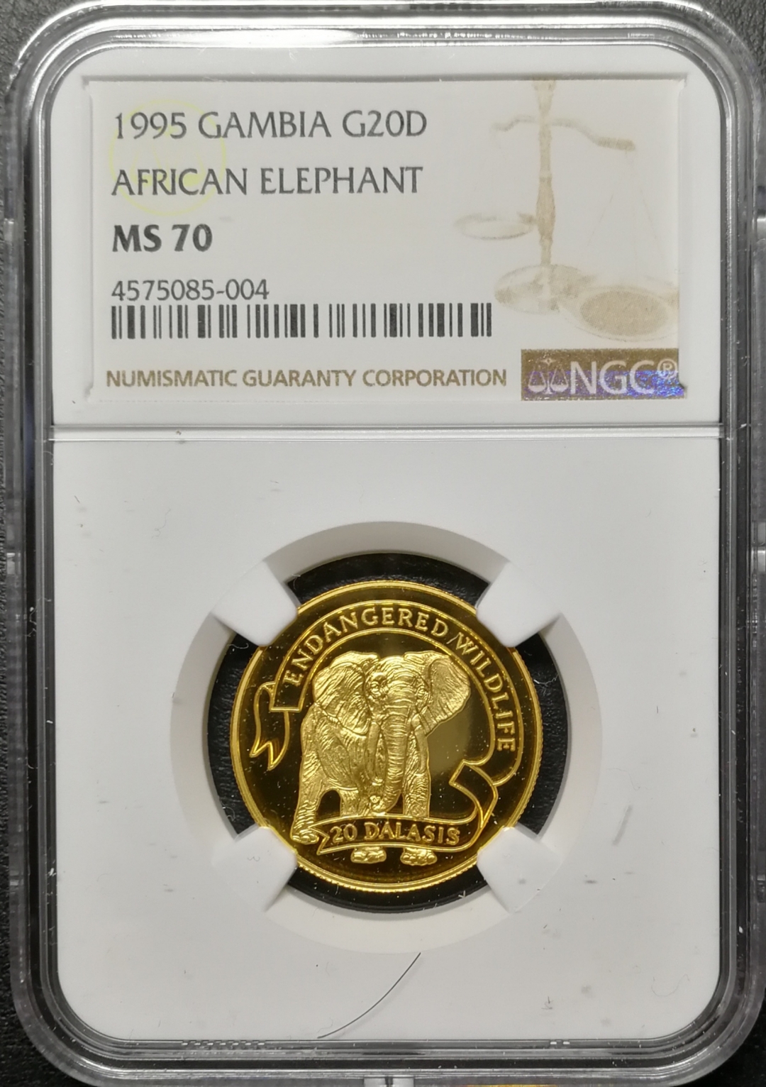 凡希社世界钱币微拍第八十四期 1995冈比亚非洲象金币NGC-MS70