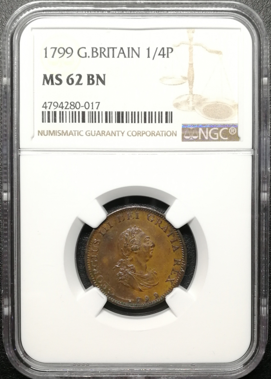 凡希社世界钱币微拍第八十四期 1799英国乔三法新NGC-MS62