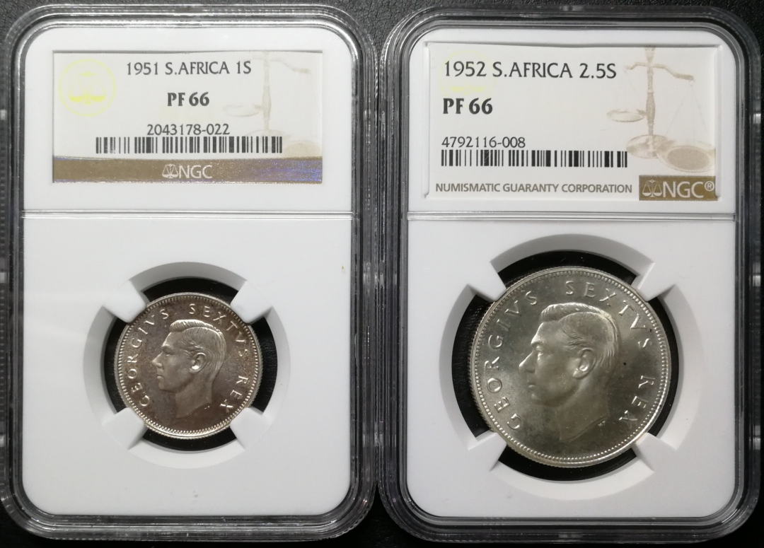凡希社世界钱币微拍第八十四期 南非乔六精铸银币一对NGC-PF66