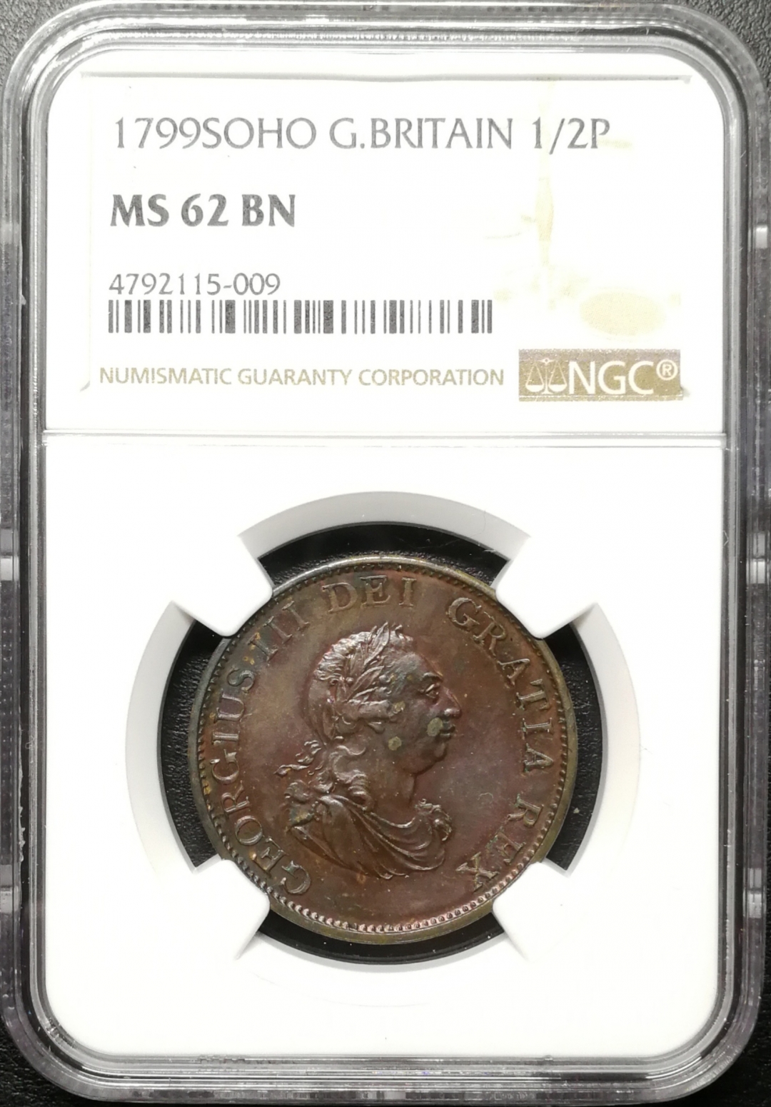 凡希社世界钱币微拍第八十四期 1799英国乔三1/2便士NGC-MS62