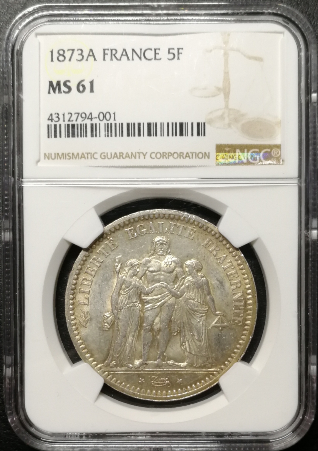 凡希社世界钱币微拍第八十四期 1873法国大力神5法郎NGC-MS61