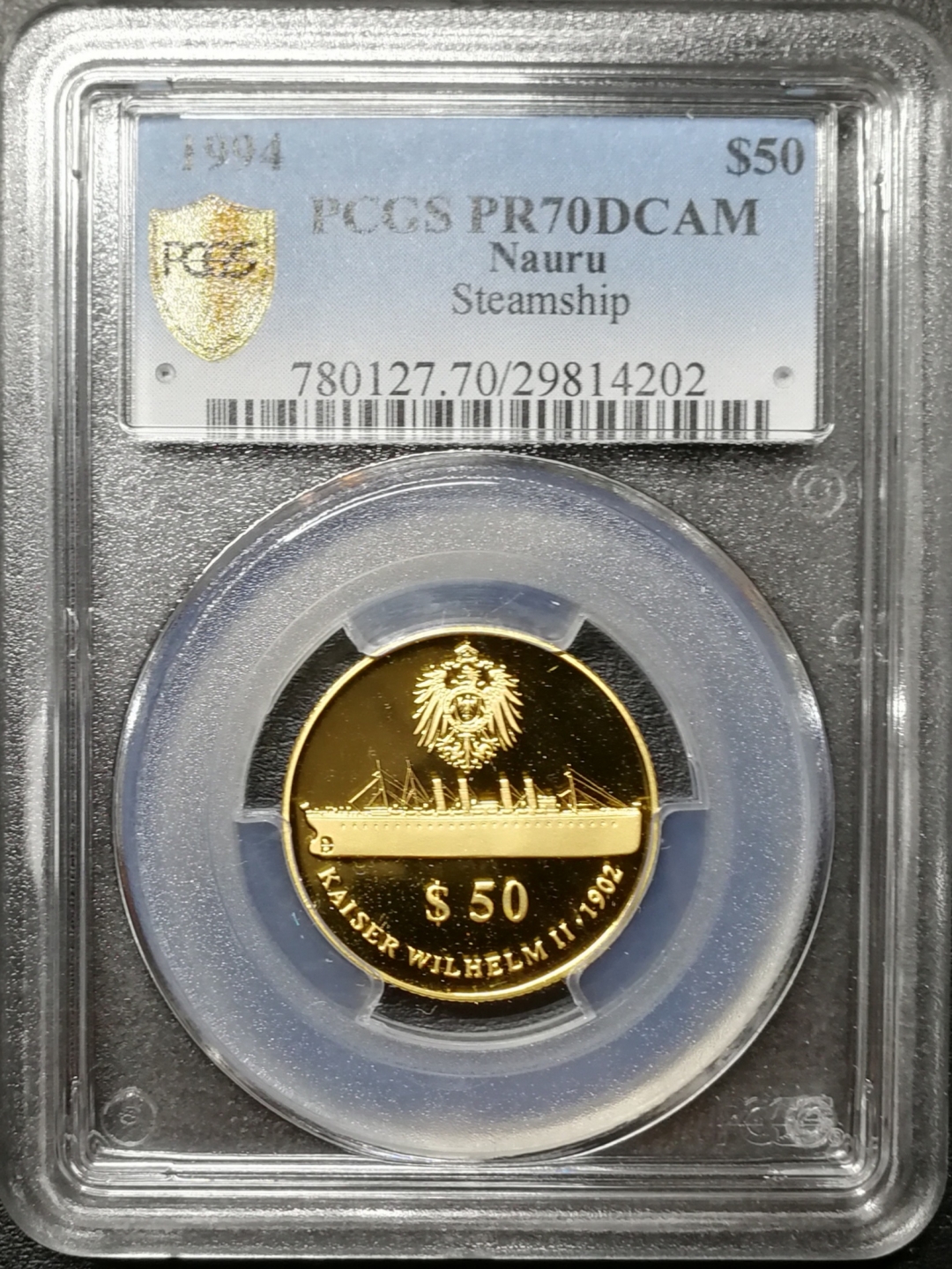 凡希社世界钱币微拍第八十四期 1994瑙鲁威廉二世战列舰金币PCGS-PF70DCAM