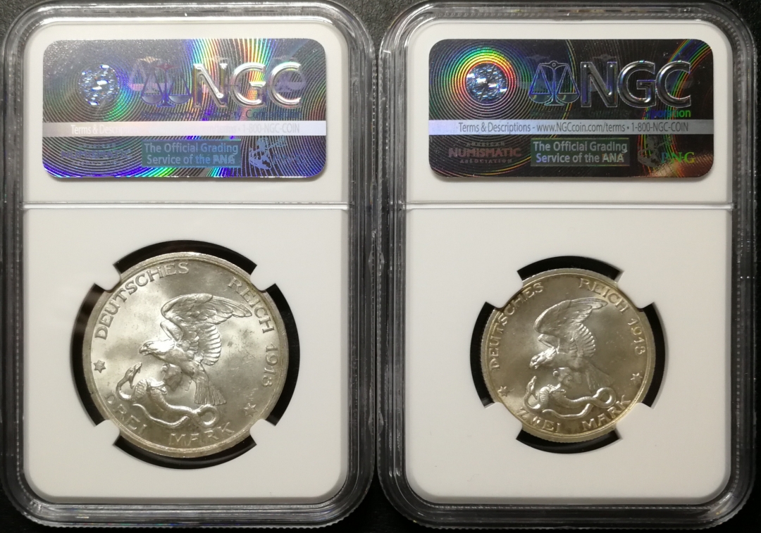 凡希社世界钱币微拍第八十四期 1913普鲁士击败拿破仑一对NGC-MS64