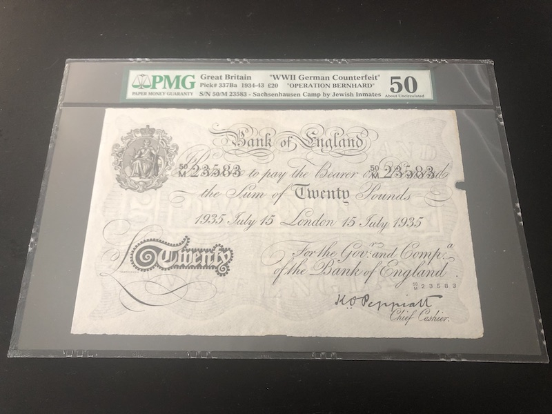 收藏联盟第八十五期拍卖 英国1935年二战期间白色英镑20镑 PMG50 S/N:50M 23583超大票幅精美满版水印