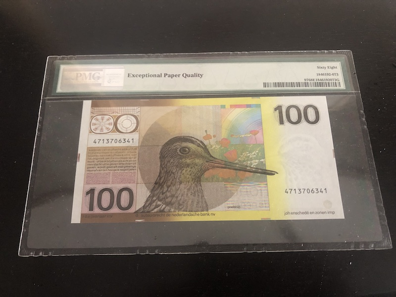 收藏联盟第八十五期拍卖 荷兰1977年100盾 水鸟沙锥 PMG68E亚军分 S/N:4713706341
