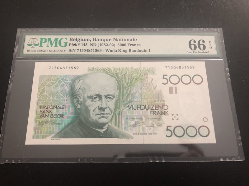收藏联盟第八十五期拍卖 比利时大蜻蜓5000法郎 PMG66E S/N:71504851569