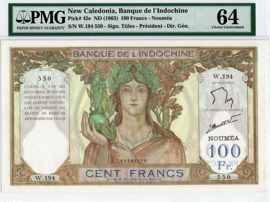 收藏联盟第八十五期拍卖 PMG64 新喀里多尼亚1963年100法郎 大票幅 P-42e 法属高棉的微笑   