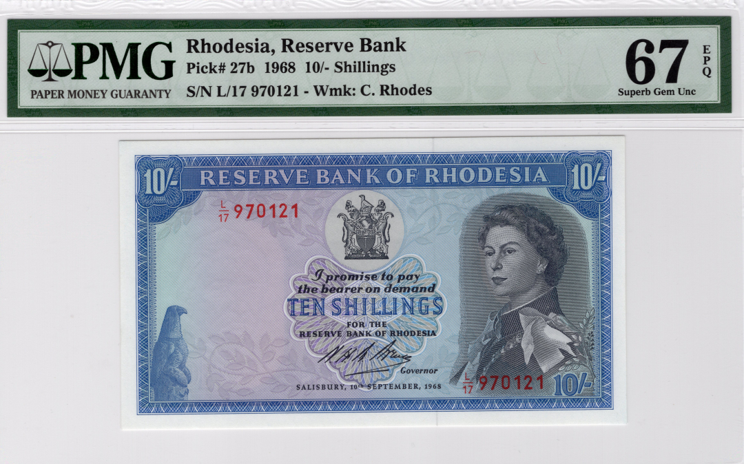 收藏联盟第八十五期拍卖 PMG67 罗德西亚1968年10先令 P-27b 戎装女王   