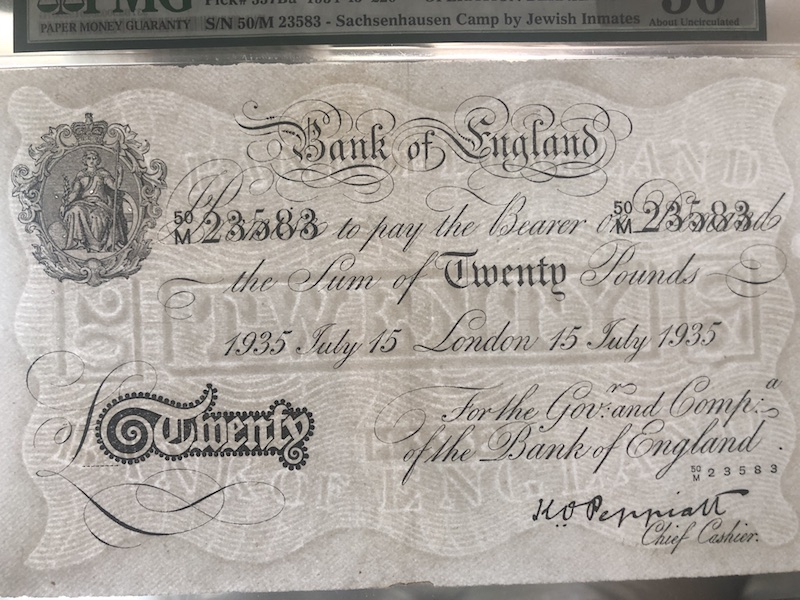 收藏联盟第八十五期拍卖 英国1935年二战期间白色英镑20镑 PMG50 S/N:50M 23583超大票幅精美满版水印