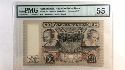 【Blue Auction】世界纸币精拍第五期 - 荷兰 1941-43年 P58 50盾 JEZ经典 PMG55