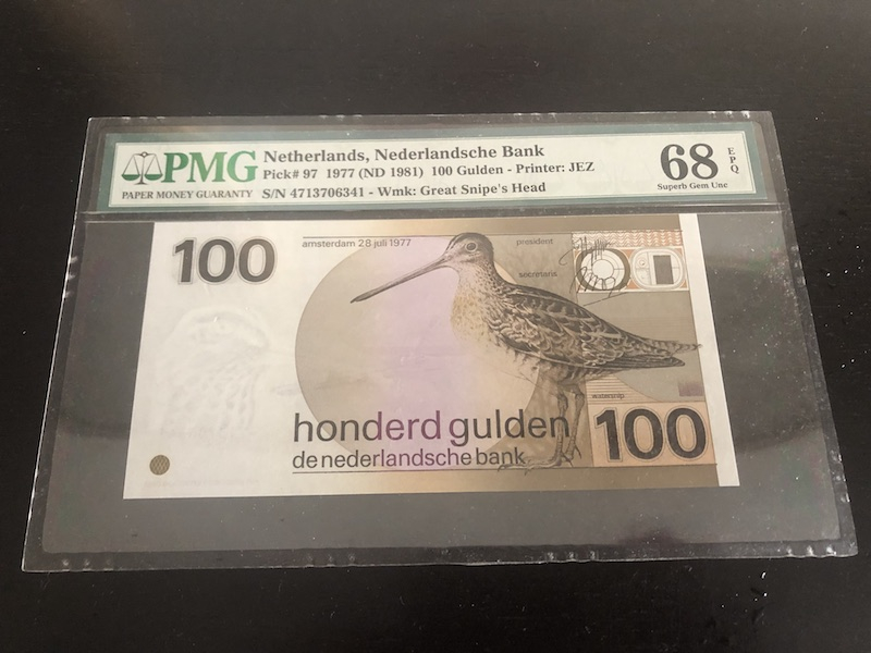 收藏联盟第八十五期拍卖 荷兰1977年100盾 水鸟沙锥 PMG68E亚军分 S/N:4713706341