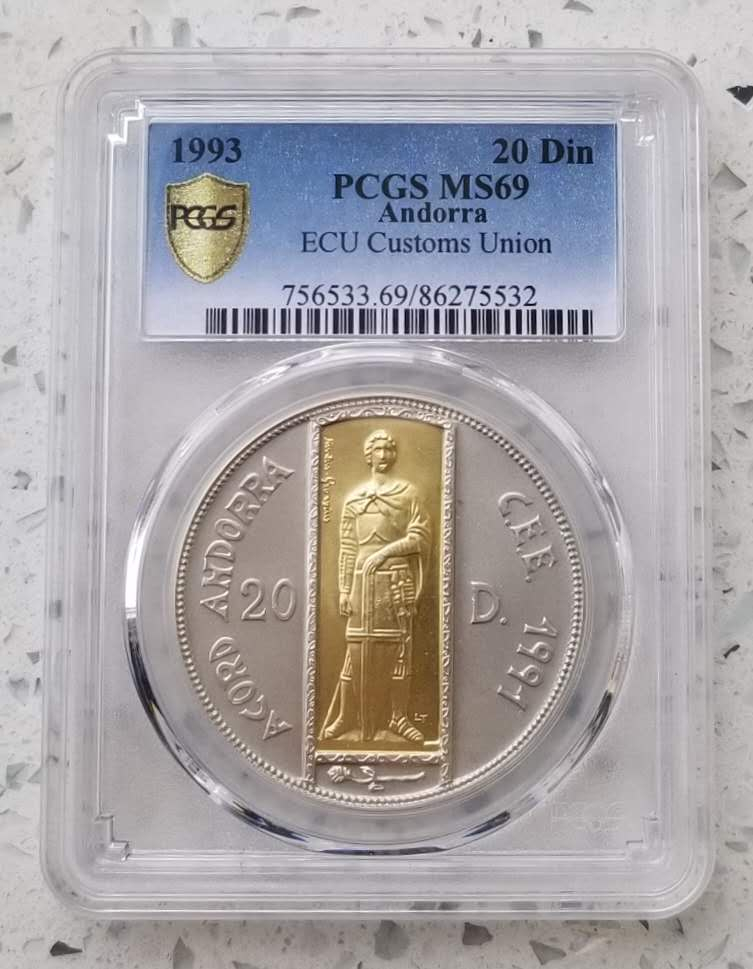 【随心拍】现代金银币拍卖第十七期 克劳斯获奖币! 最佳创意币!  PCGS69-安道尔1993年加入欧洲关税同盟镶金银币