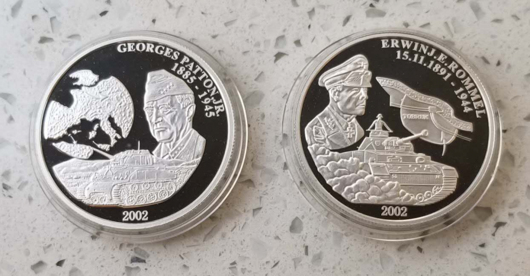 【随心拍】现代金银币拍卖第十七期 刚果2002年二战名将隆美尔巴顿纪念银币，每枚1盎司。