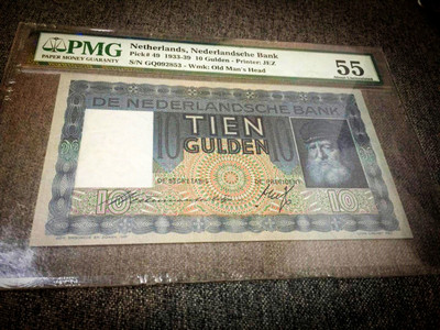 【Blue Auction】世界纸币精拍第六期 - 荷兰 1933-39年 p49  10盾 PMG55 实物状态好 JEZ出品 经典大胡子 PMG上只有10几个评级记录 非常少