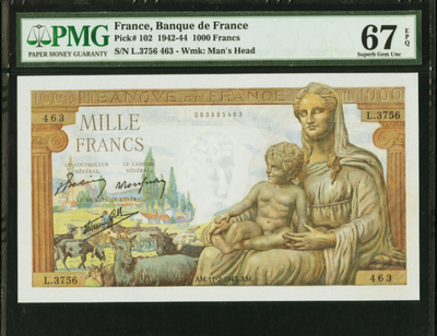 【Blue Auction】世界纸币精拍第六期 - 法国 1942-44年 PMG67EPQ p102 1000法郎 冠军分 大票幅精美