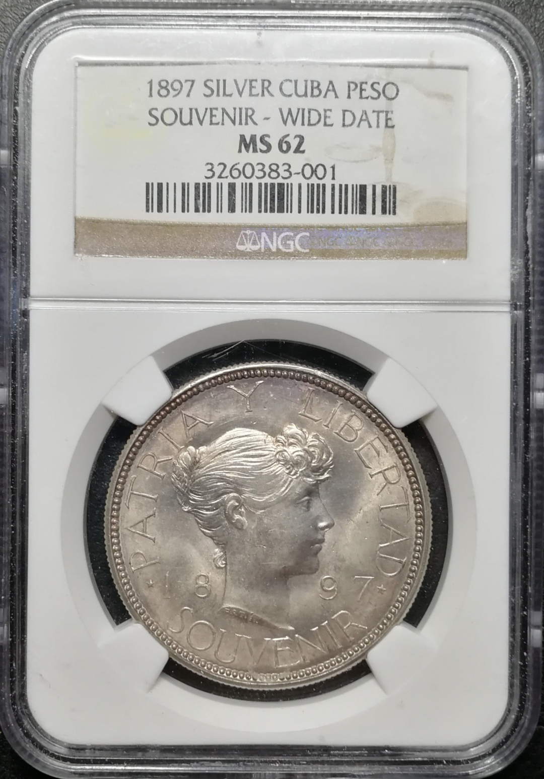 凡希社世界钱币微拍第八十五期 稀!1897古巴美女比索NGC-MS62宽字版!