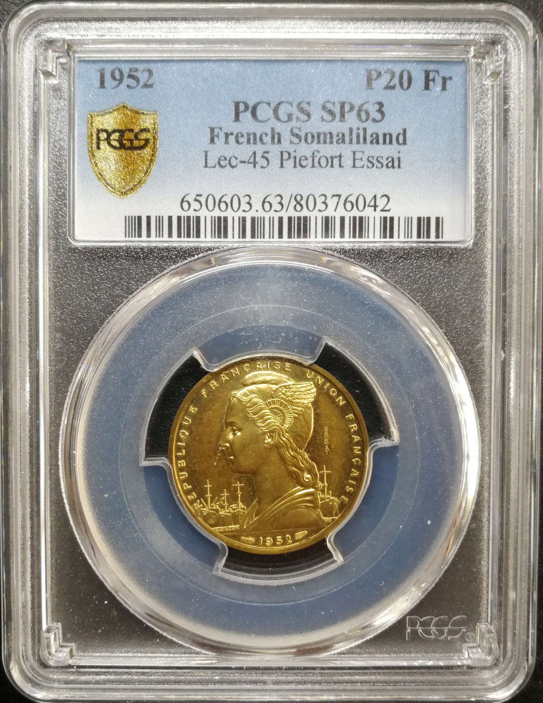 凡希社世界钱币微拍第八十五期 1952法属索马里20法郎铜样PCGS-SP63发行104枚