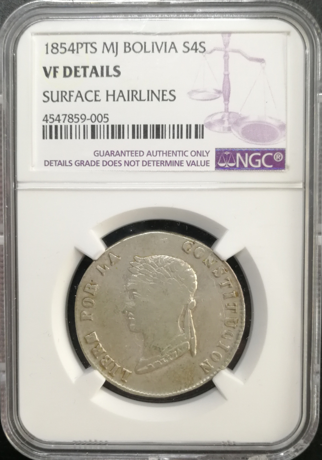 凡希社世界钱币微拍第八十五期 1854玻利维亚4S银币NGC-VFD