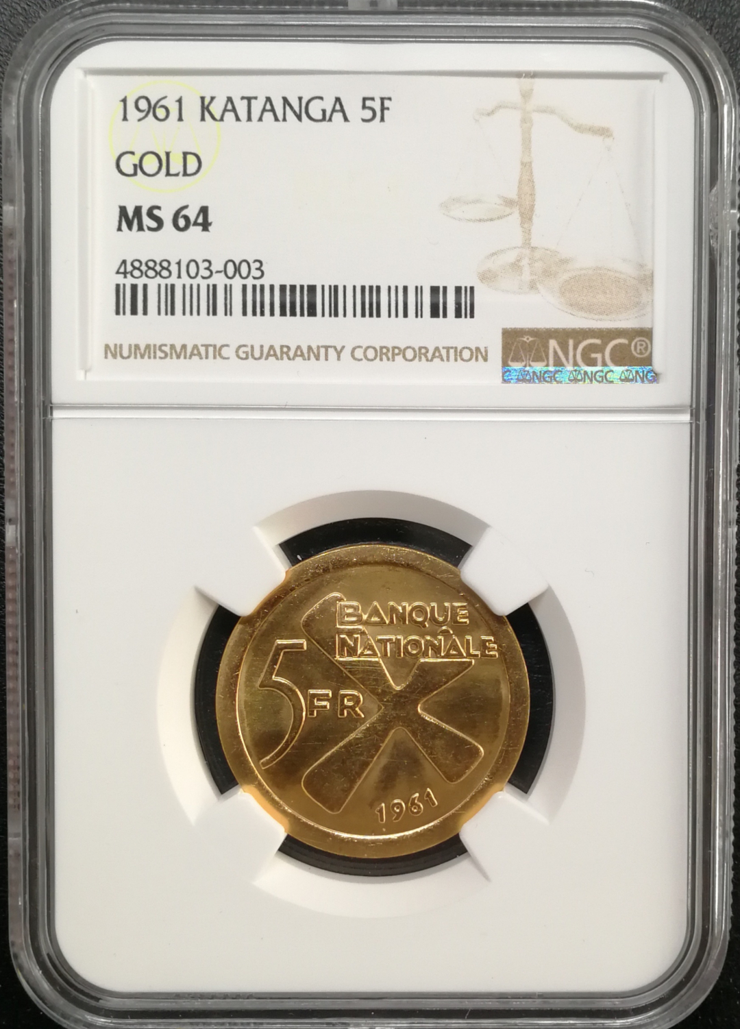 凡希社世界钱币微拍第八十五期 1961加丹加5法郎金币NGC-MS64