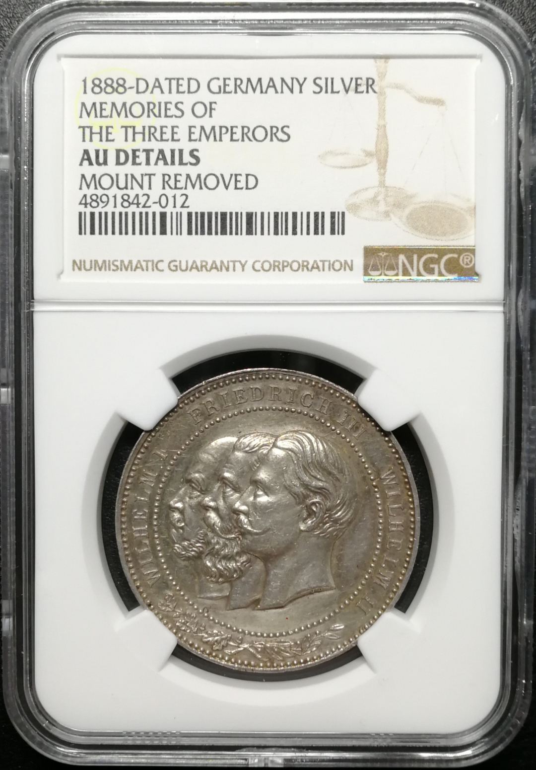 凡希社世界钱币微拍第八十五期 1888普鲁士三皇纪念银章NGC-AUD