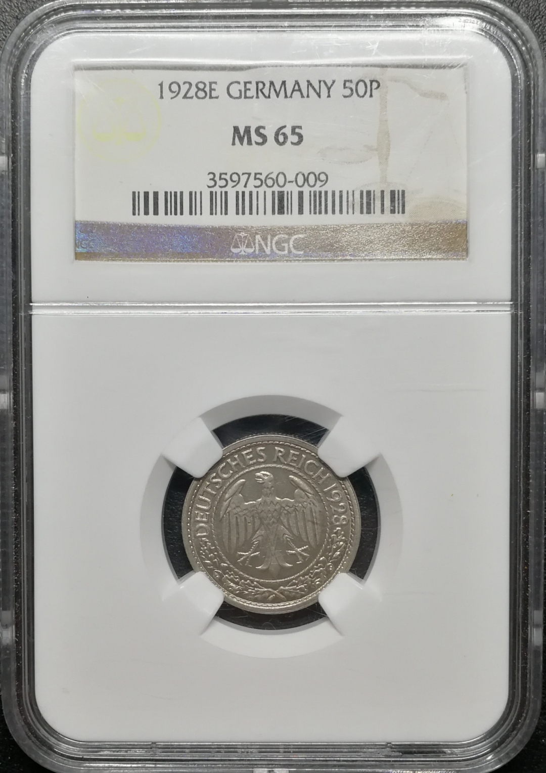凡希社世界钱币微拍第八十五期 1928E德国50芬尼镍币NGC-MS65
