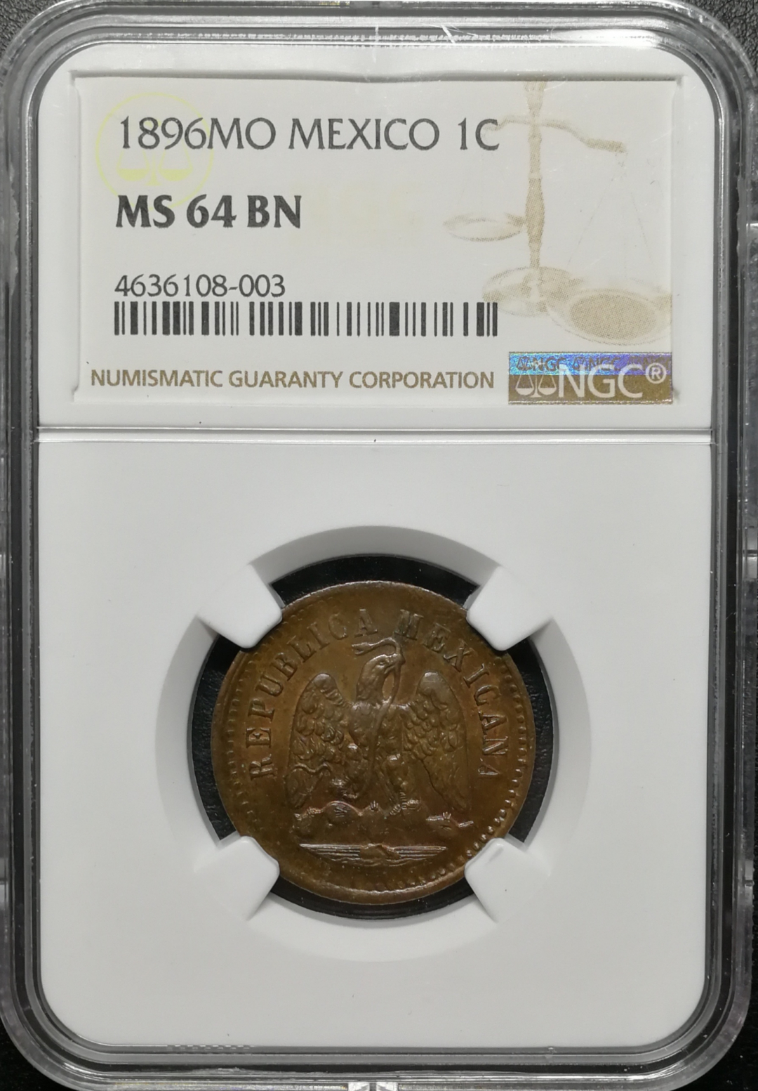 凡希社世界钱币微拍第八十五期 1896墨西哥天平一分铜NGC-MS64