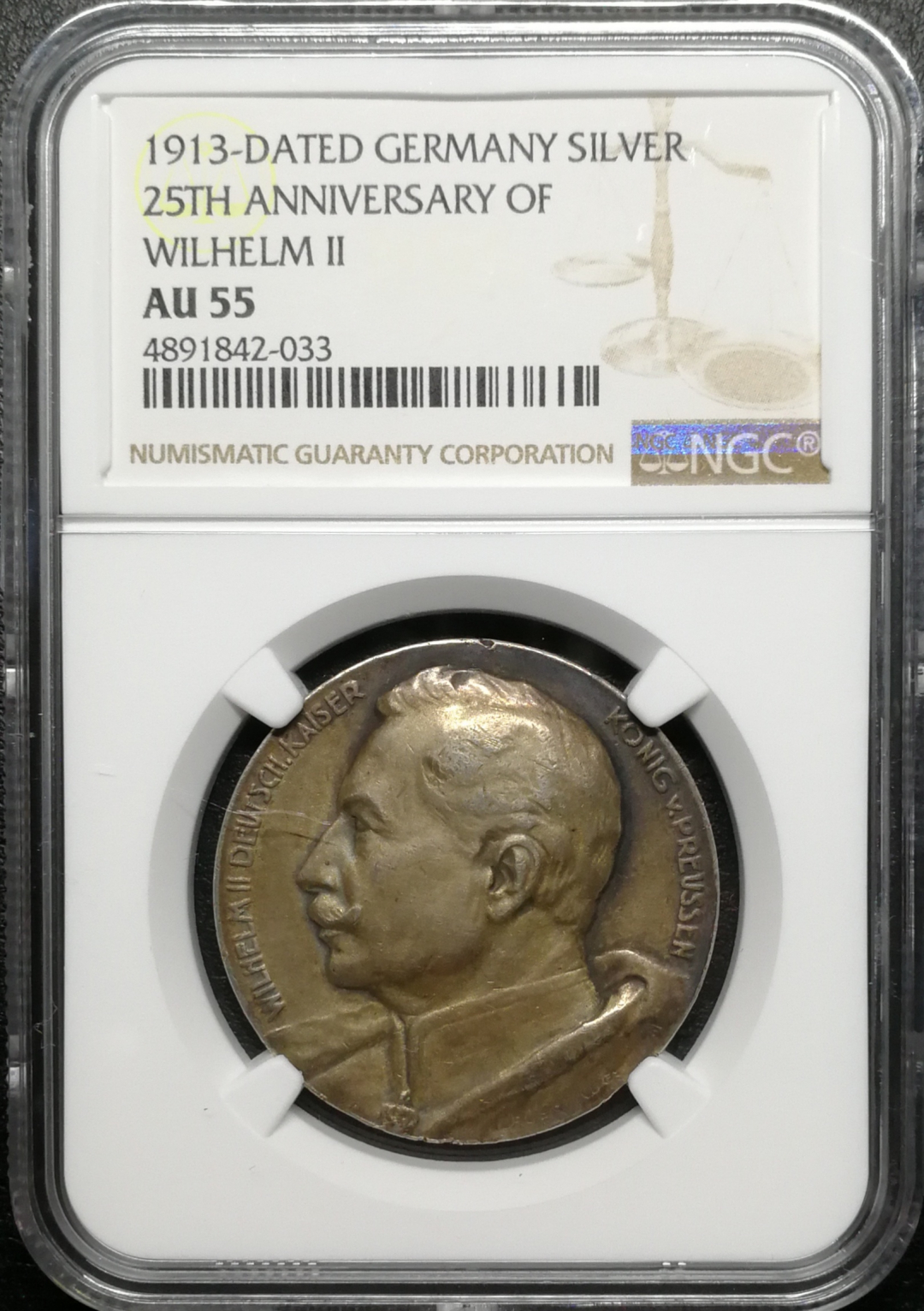 凡希社世界钱币微拍第八十五期 1913威廉二世加冕二十五周年纪念银章NGC-AU55