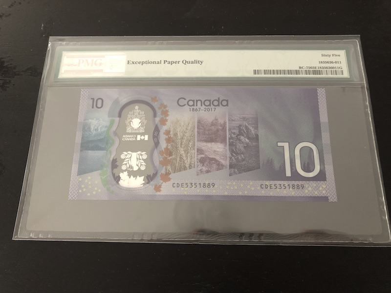 收藏联盟第八十六期暨CICE北京展销会专场拍卖 加拿大2017年10元纪念钞 PMG65E S/N:CDE5351889