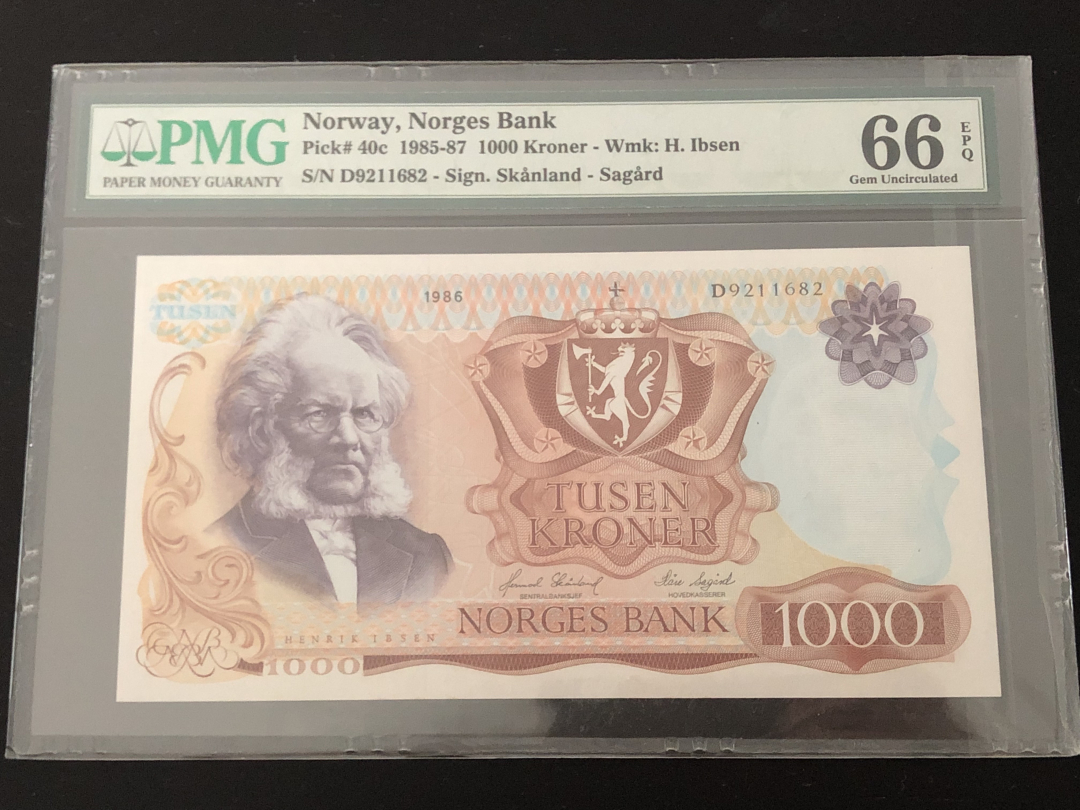 收藏联盟第八十六期暨CICE北京展销会专场拍卖 挪威1986年1000克朗易卜生 PMG66E S/N:D9211682全程无47号码