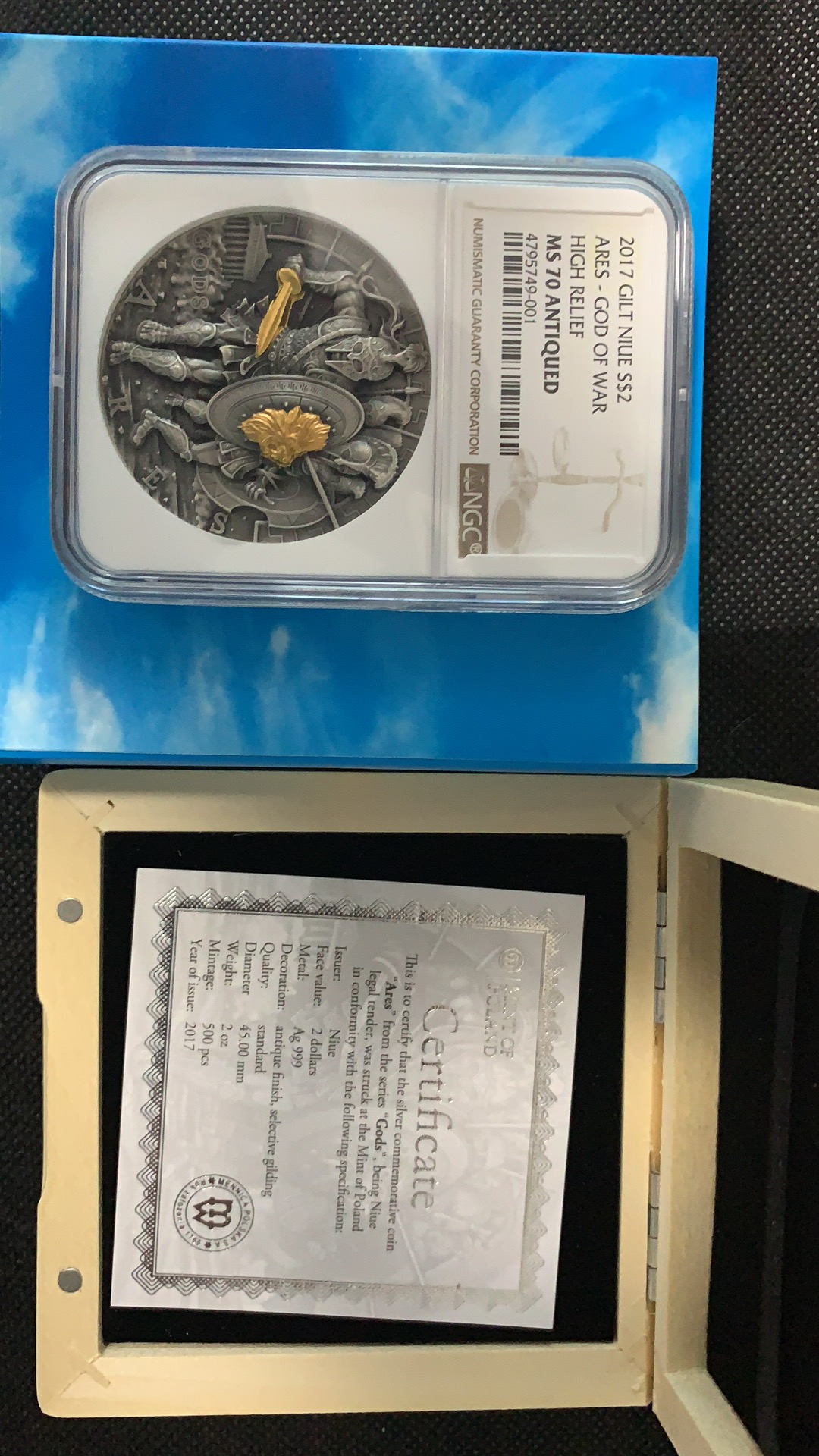 【随心拍】现代金银币拍卖【第十八期】-CICE北京展销会热场 NGC70分，2017年希腊众神系列1战神阿瑞斯镀金银币 