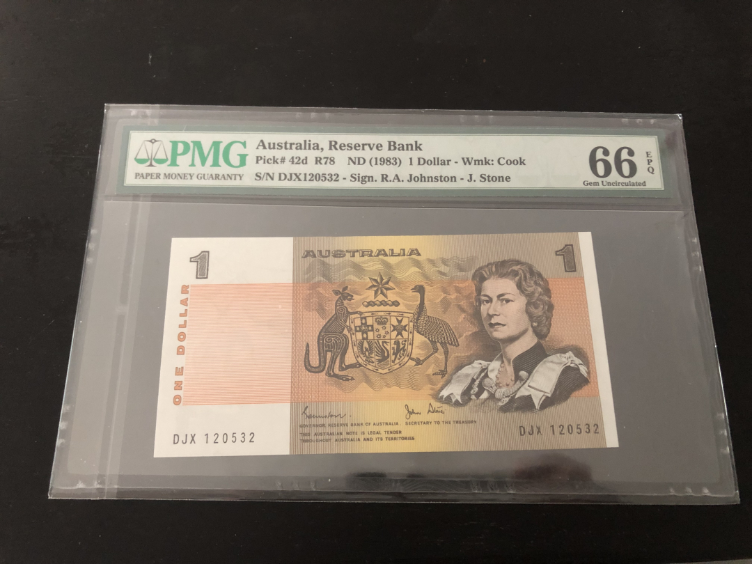 收藏联盟第八十六期暨CICE北京展销会专场拍卖 1983年澳大利亚1元 PMG66E亚军分 戎装女王 S/N:DJX120532