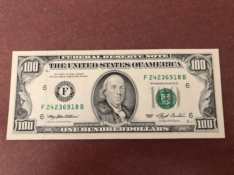 收藏联盟第八十六期暨CICE北京展销会专场拍卖 1993年小头版本100美金 富兰克林 AU无折票面微黄