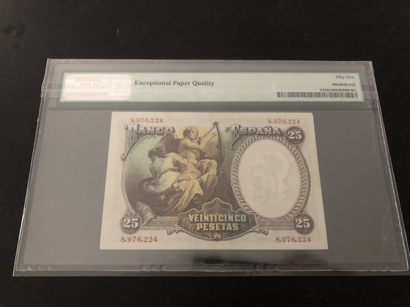 收藏联盟第八十六期暨CICE北京展销会专场拍卖 1931年西班牙25比塞塔 PMG55E 小天使 S/N:8976224