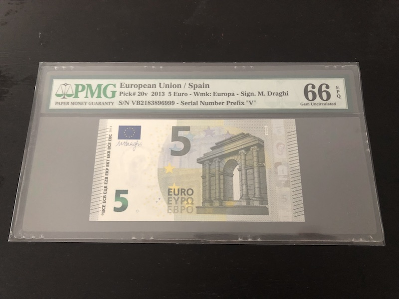 收藏联盟第八十六期暨CICE北京展销会专场拍卖 2013年5欧元 PMG66E 西班牙冠 S/N:VB2183896999 豹子尾