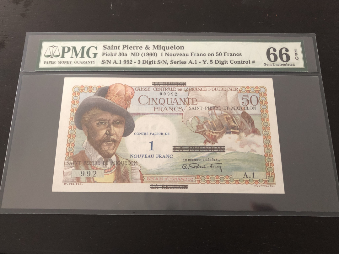 收藏联盟第八十六期暨CICE北京展销会专场拍卖 1960年圣皮儿密克隆50法郎改制1新法郎初版 PMG66E 三位小号S/N:A.1 992