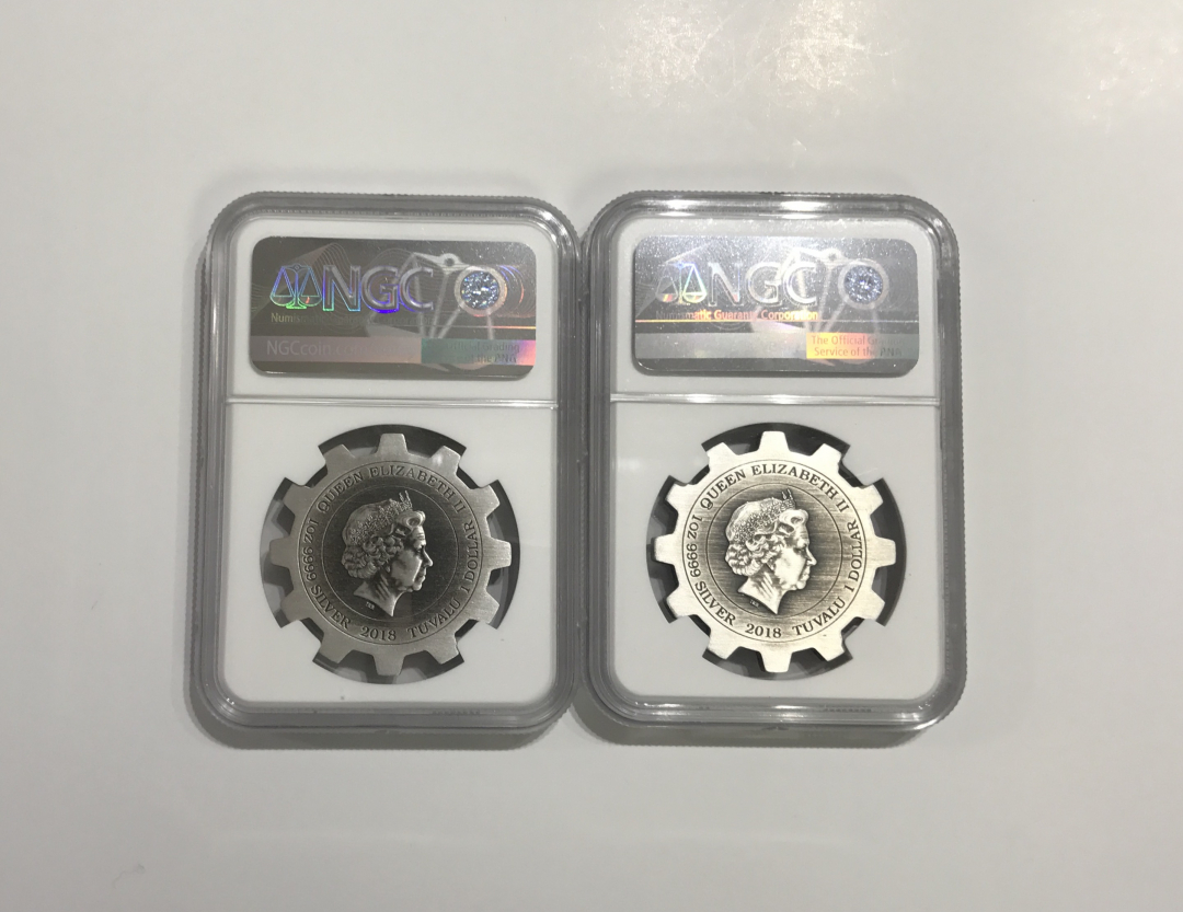 【随心拍】现代金银币拍卖【第十八期】-CICE北京展销会热场 澳大利亚图瓦卢2018年工业革命齿轮形NGC评级 69仿古纪念银币