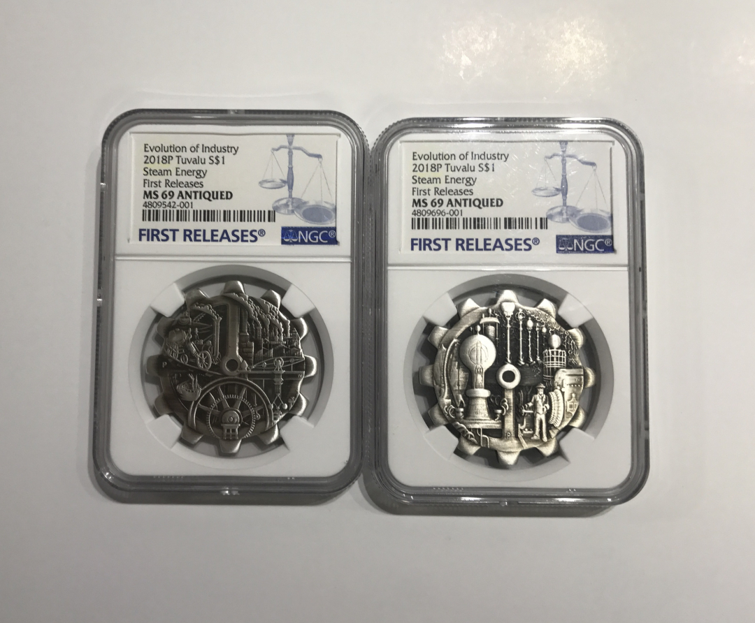 【随心拍】现代金银币拍卖【第十八期】-CICE北京展销会热场 澳大利亚图瓦卢2018年工业革命齿轮形NGC评级 69仿古纪念银币
