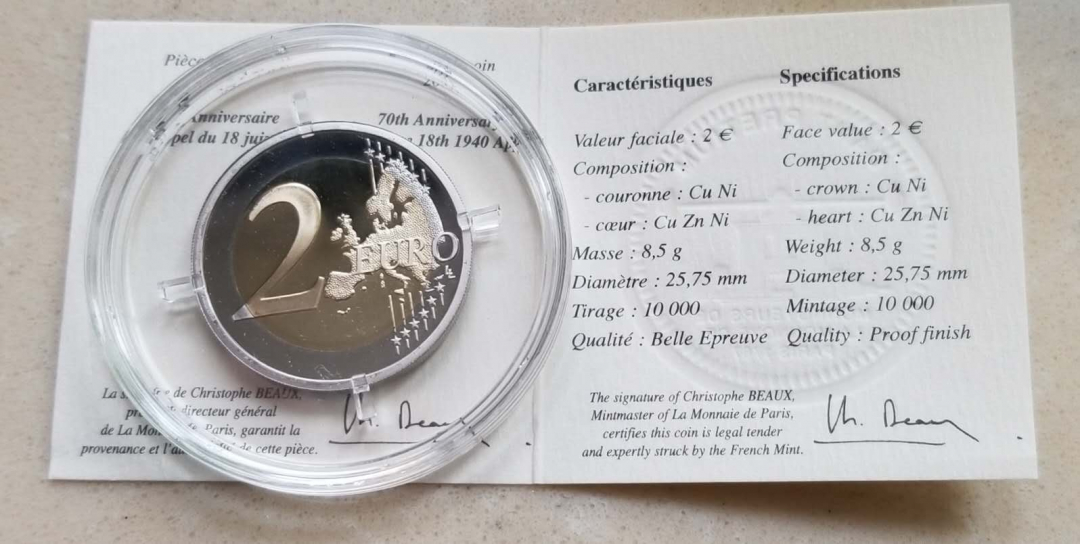 【币观天下】第六十八场拍卖-CICE北京展销会专场 【法国】2010年戴高乐抗德演说2欧元精制纪念币