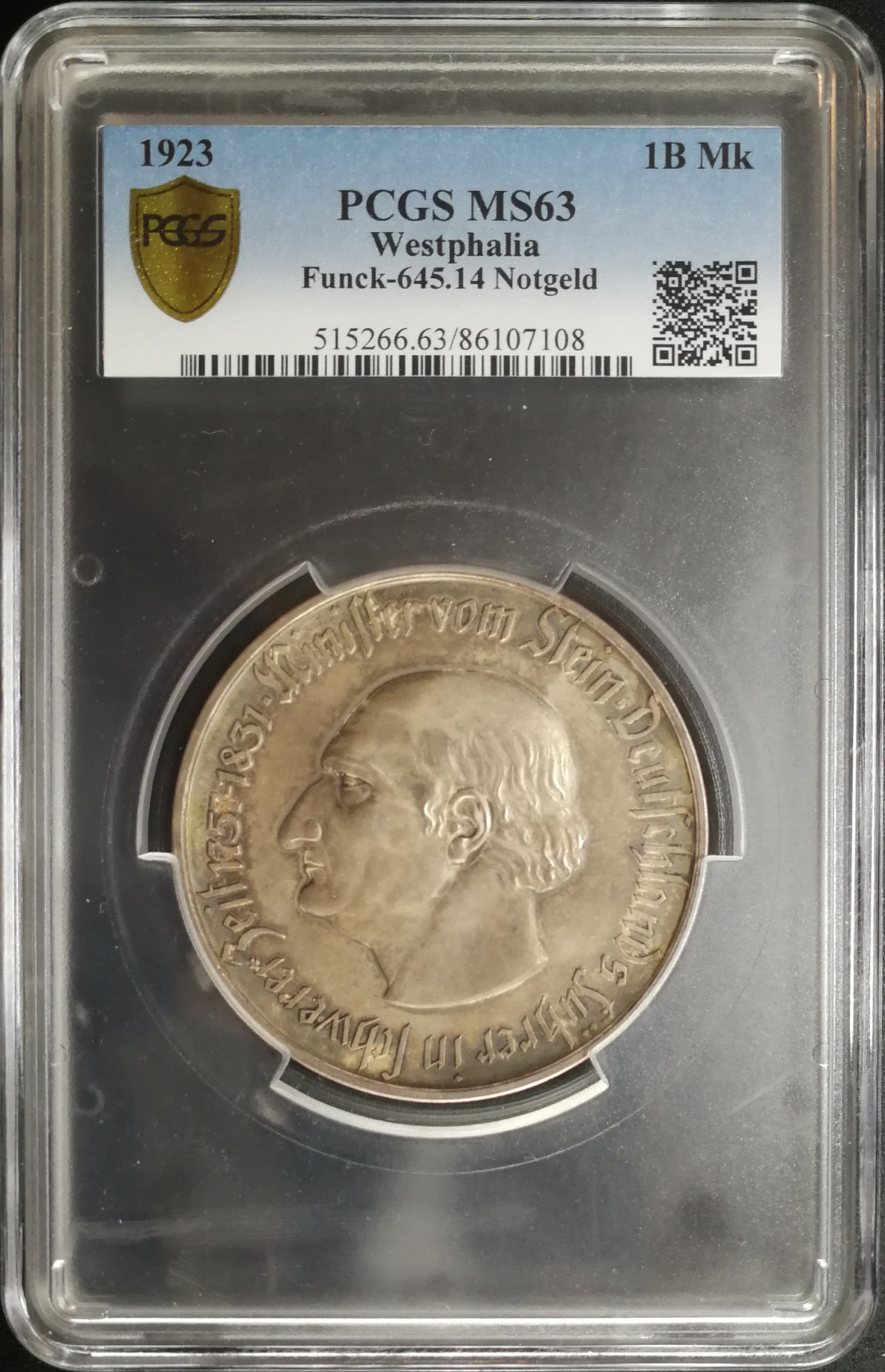 凡希社世界钱币微拍卖CICE专场大拍 稀!1923威斯特伐利亚一万亿大马币PCGS-MS63