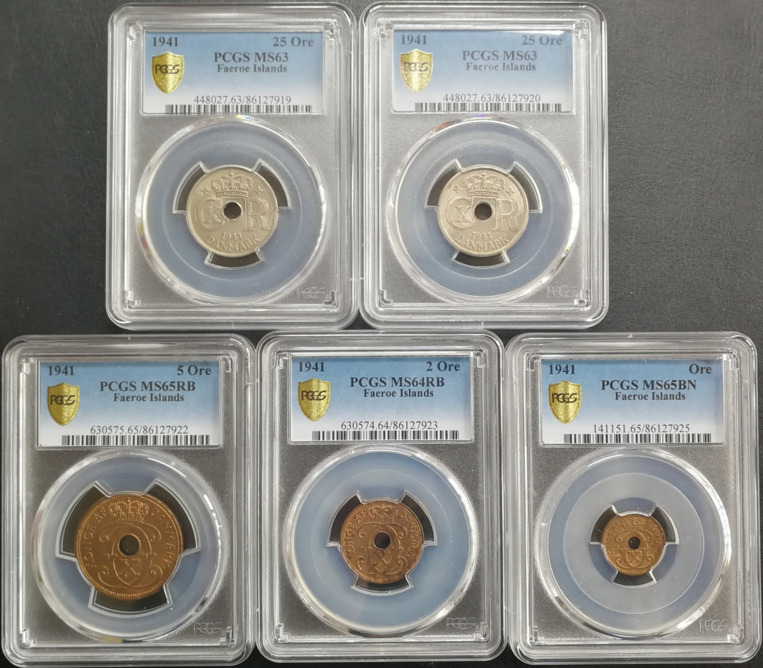 凡希社世界钱币微拍卖CICE专场大拍 1941丹属法罗群岛五枚NGC-MS63-65高分难得!