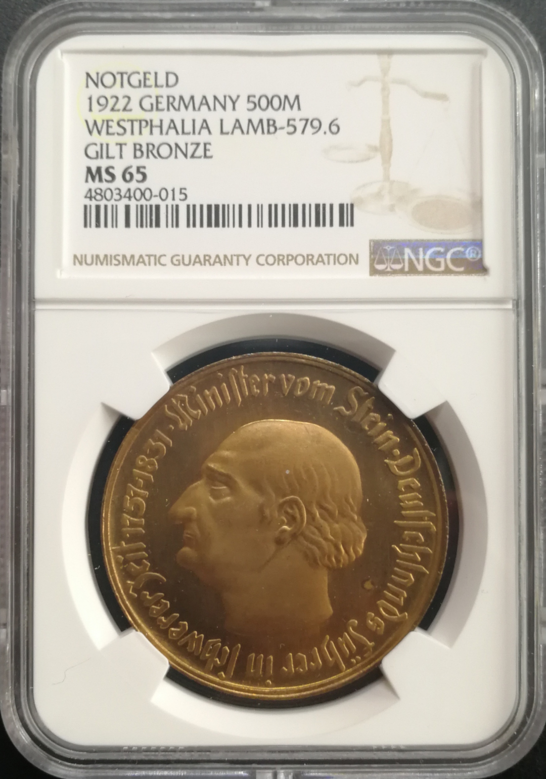 凡希社世界钱币微拍卖CICE专场大拍 1922威斯特伐利亚大马币500马克NGC-MS65