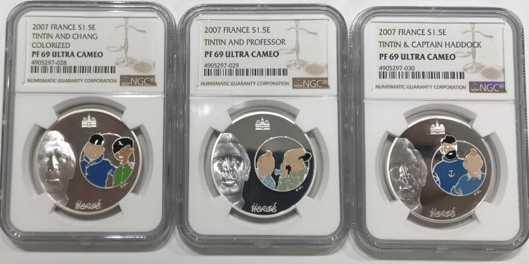 【随心拍】现代金银币拍卖-第十九期 NGC69 最高分！法国2007年丁丁历险记 三枚一套银币