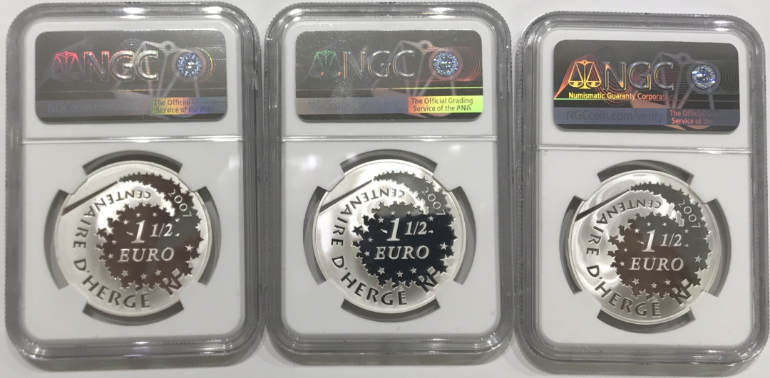 【随心拍】现代金银币拍卖-第十九期 NGC69 最高分！法国2007年丁丁历险记 三枚一套银币