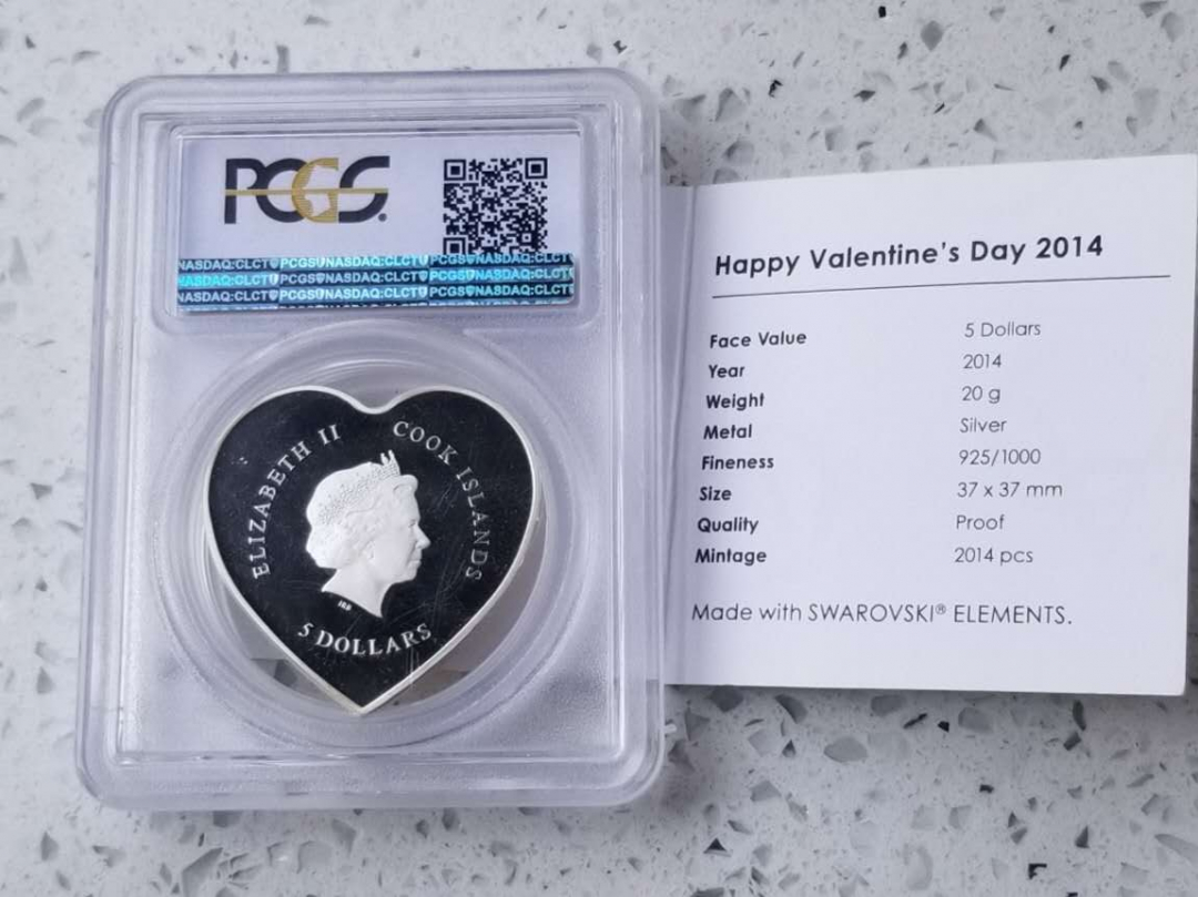 【随心拍】现代金银币拍卖-第十九期 PCGS69-库克2014年情人节心形施华洛世奇水晶镶嵌立体银币
