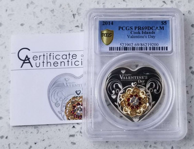 【随心拍】现代金银币拍卖-第十九期 - PCGS69-库克2014年情人节心形施华洛世奇水晶镶嵌立体银币